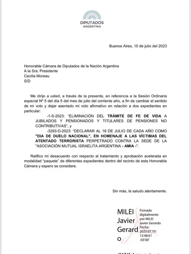 Milei quiso cambiar su voto, cinco días después de la sesión: la respuesta de Diputados