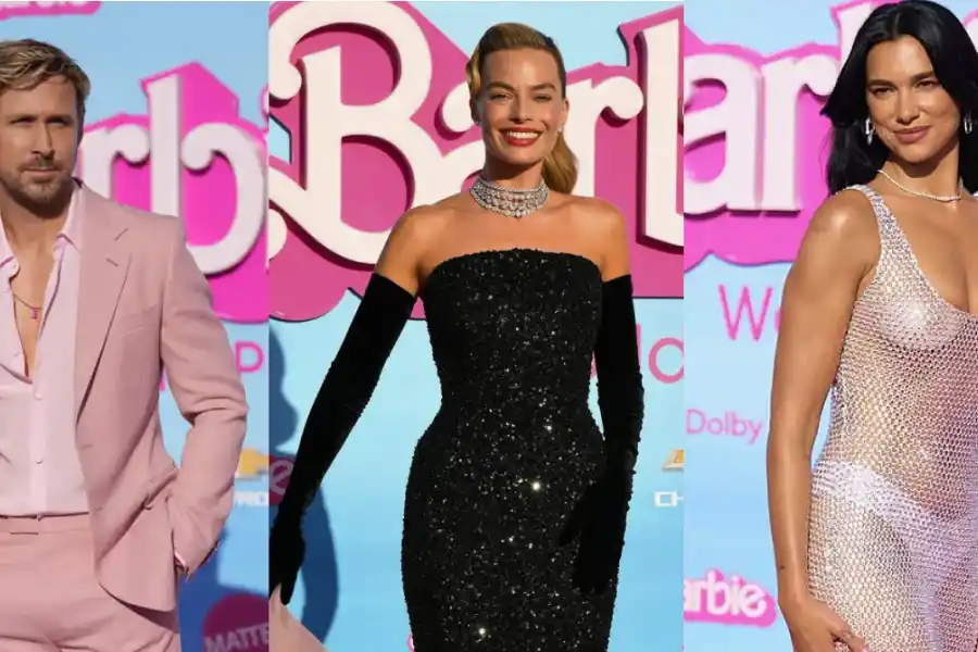 Ryan Gosling, Margot Robbie y Dua Lipa en la premiere de la película