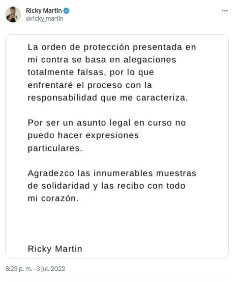 El comunicado de Ricky Martin en 2022 tras la acusación de su sobrino.
