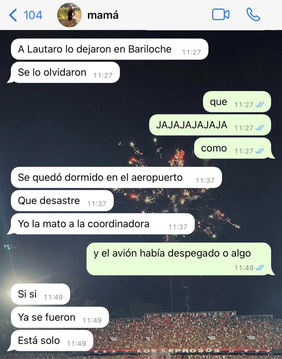 La conversación entre una alumna y su mamá sobre el momento en el que se olvidaron a Lautaro en Bariloche. (foto: Twitter/avru_lara).