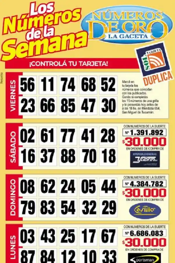 Esta es la grilla completa de los Números de Oro de LA GACETA del 12 de julio de 2023