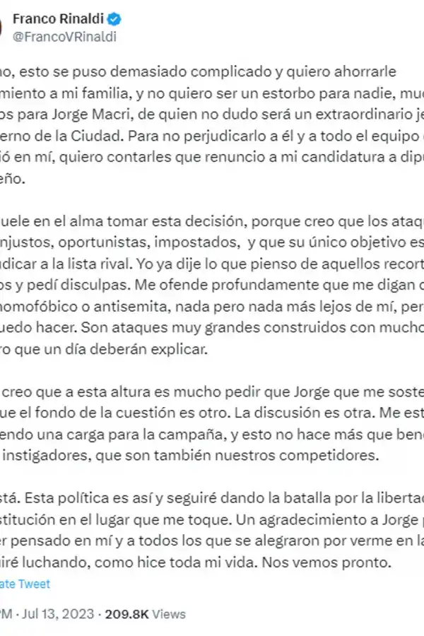 Captura de Twitter / @FrancoVRinaldi.