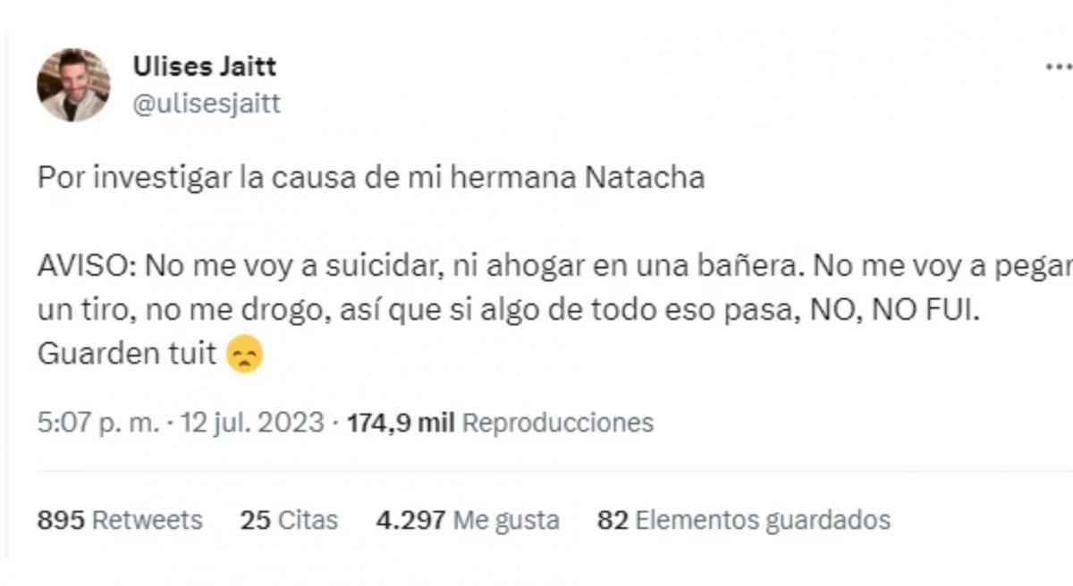 Ulises Jaitt replicó el tuit que publicó su hermana Natacha antes de morir