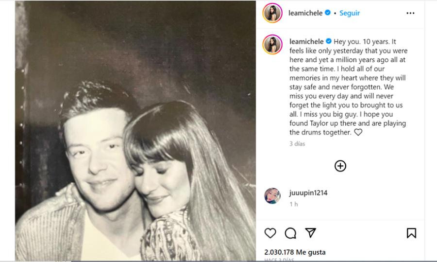 El emotivo posteo de Lea Michele a 10 años de la muerte de Cory Monteith.