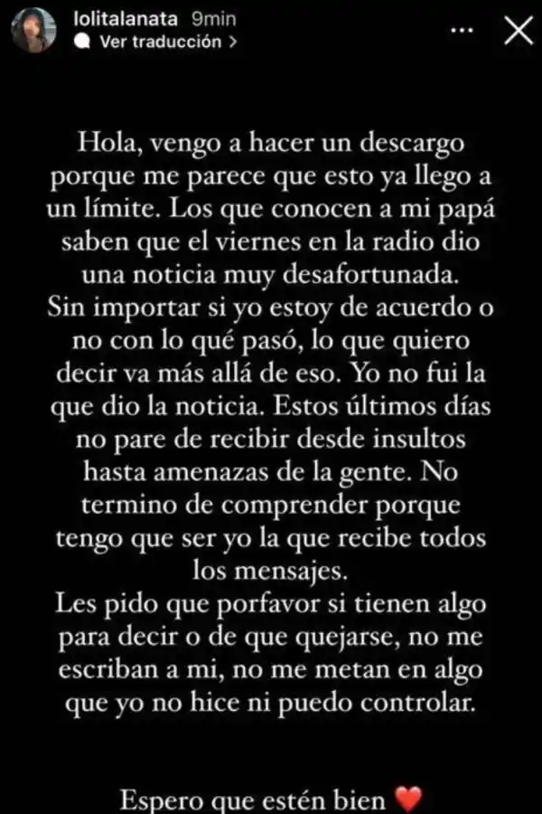 El descargo de Lola Lanata en Instagram