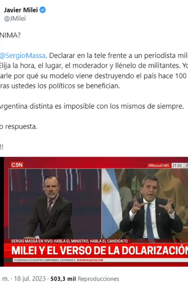 Milei desafió a Massa a debatir sobre dolarización: “Elija la hora, el lugar y llénelo de militantes”