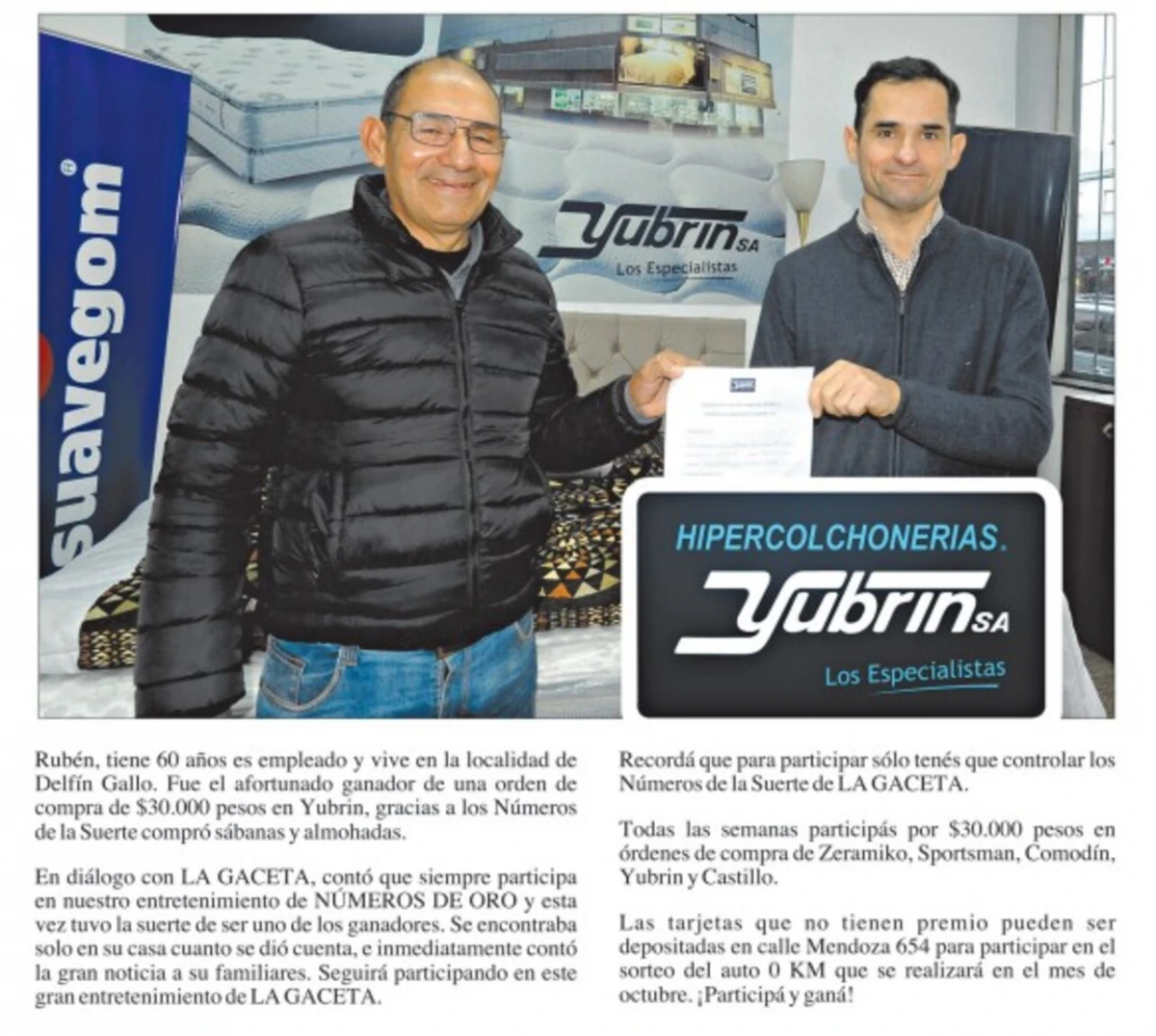 Números de la Suerte: Rubén Arnaldo Arreyes ganó una orden de compra de $30.000 en Yubrin