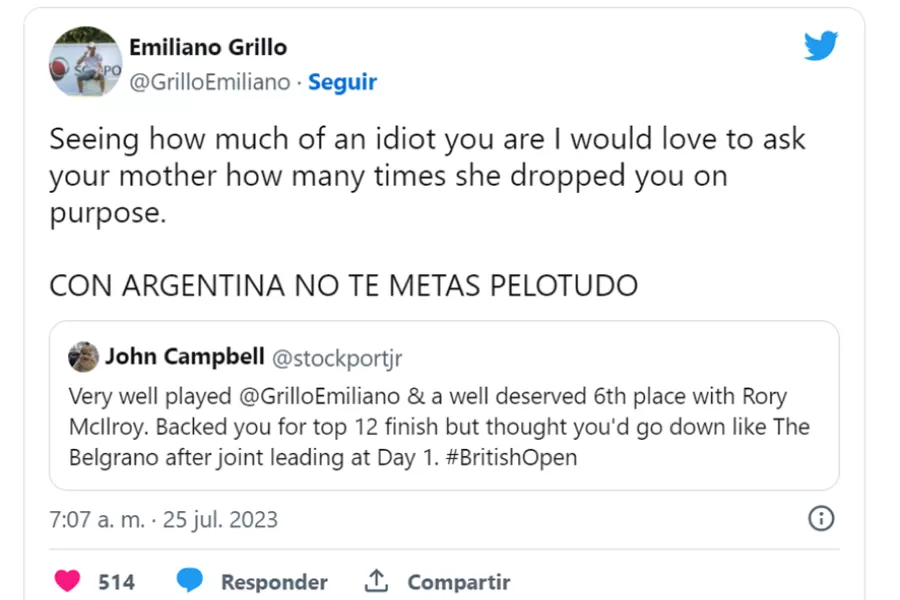 El cruce de Emiliano Grillo y un seguidor inglés por la Guerra de Malvinas.