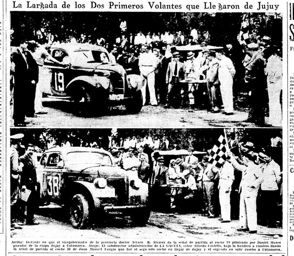 RUGEN LOS MOTORES. Arriba, el vicegobernador Álvarez le da la  largada a Musso (19), y abajo Coviello, se le da a Fangio (38) 