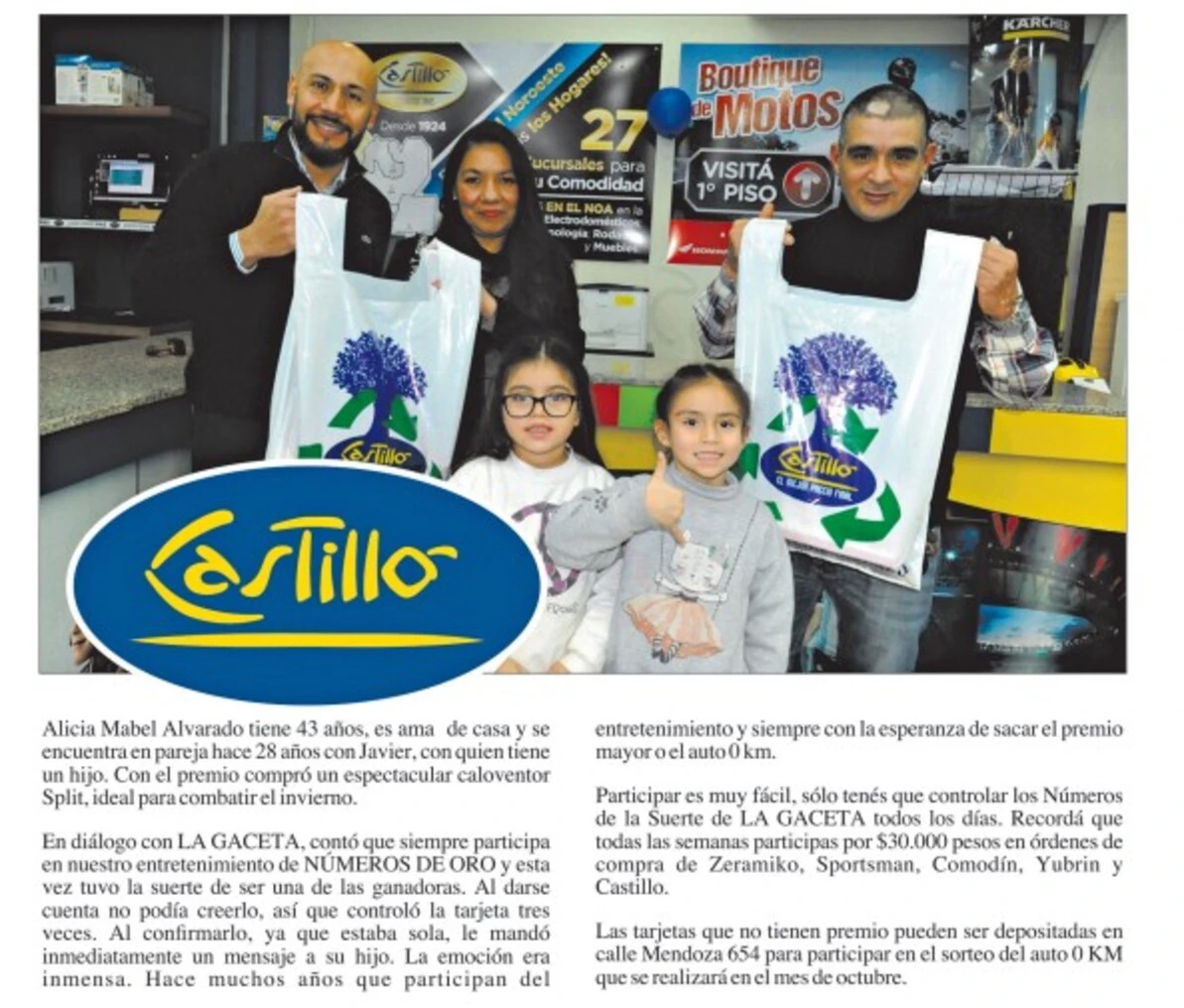 Números de la Suerte: Alicia Mabel Alvarado ganó una orden de compra de $30.000 en Castillo