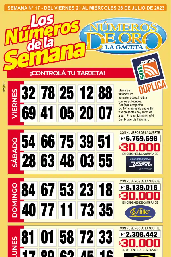 Esta es la grilla completa de los Números de Oro de LA GACETA del 26 de julio de 2023