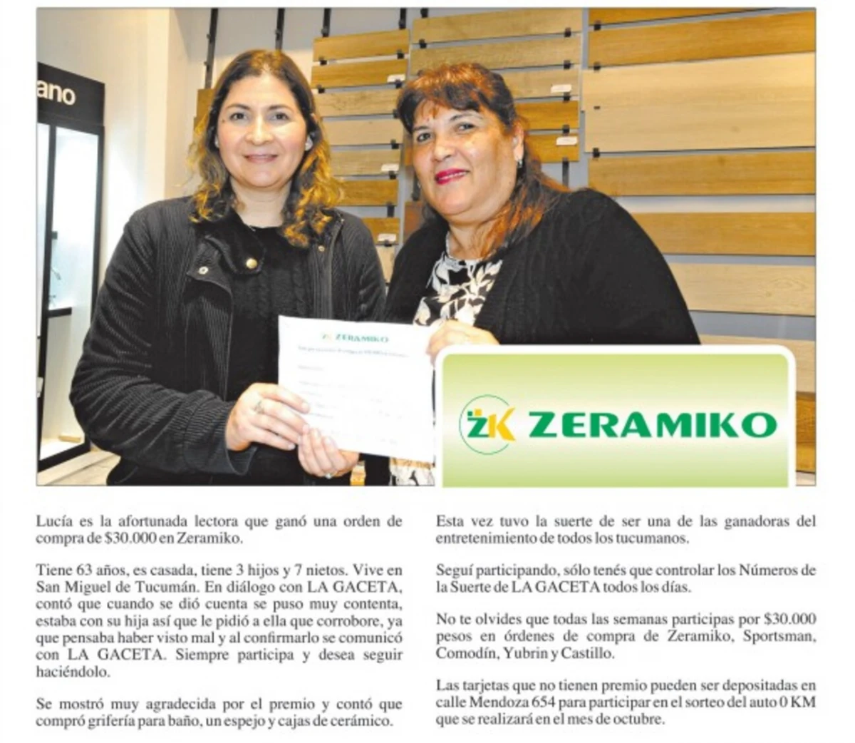 Números de la Suerte: Lucía Mercedes Olea ganó una orden de compra de $30.000 en Zeramiko