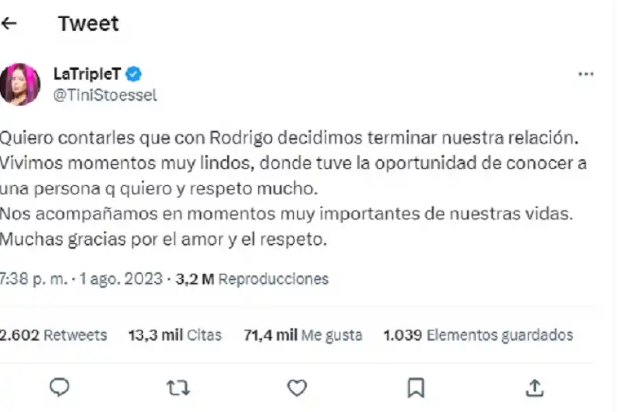 Tini Stoessel y Rodrigo De Paul anunciaron el fin de la relación