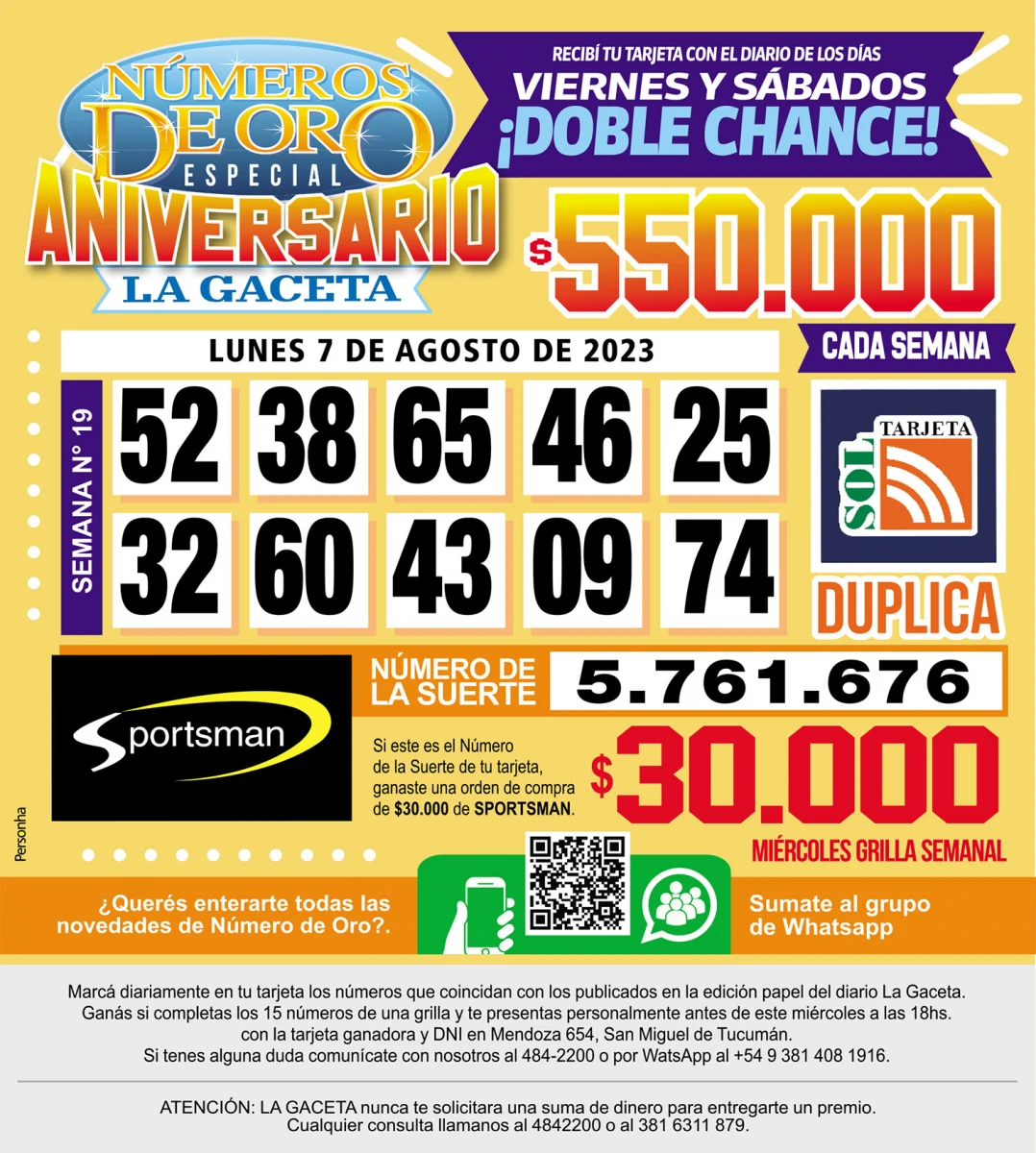 Los Números de Oro de LA GACETA del 6 de agosto de 2023