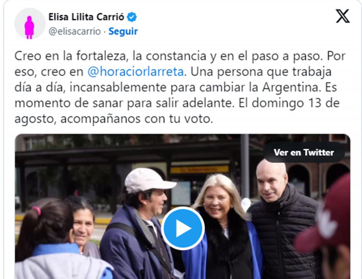 APOYO. Con un mensaje desde Twitter, Elisa Carrió confirmó que acompañará a Rodríguez Larreta.