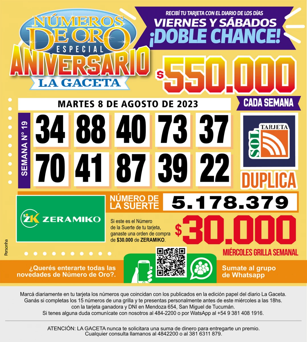 Los Números de Oro de LA GACETA del 8 de agosto de 2023