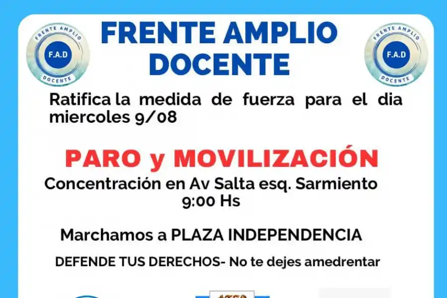 El Frente Amplio Docente ratificó el paro y la movilización para mañana
