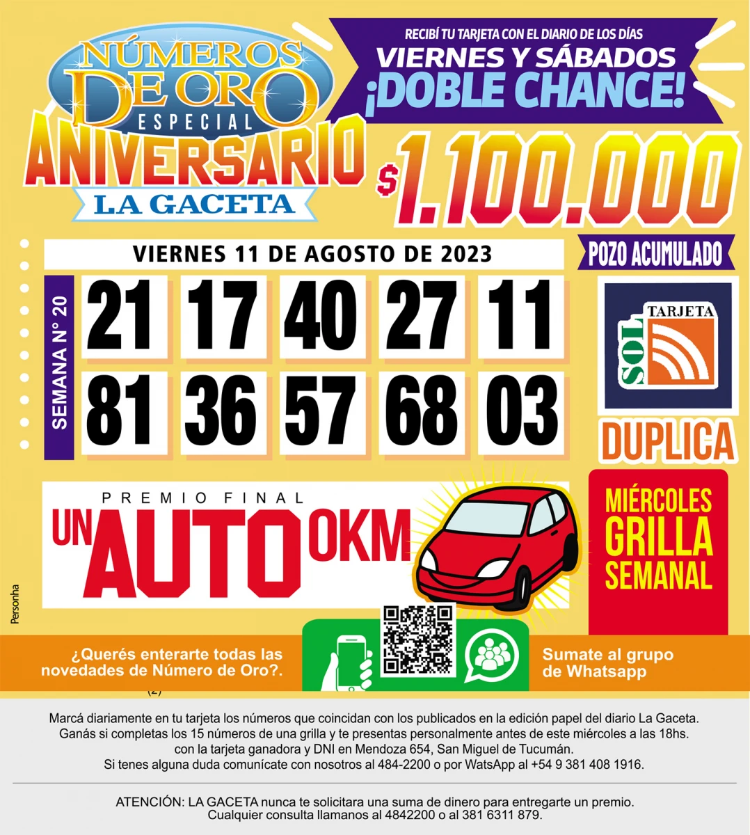 Los Números de Oro de LA GACETA del 11 de agosto de 2023