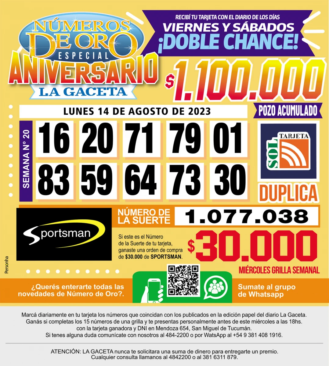 Los Números de Oro de LA GACETA del 14 de agosto de 2023