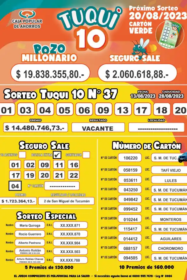 Tuqui 10: el pozo del sorteo del domingo 13 de agosto quedó vacante