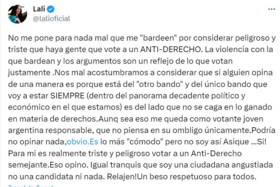 Lali Espósito contra Milei: Son un reflejo de lo que votan