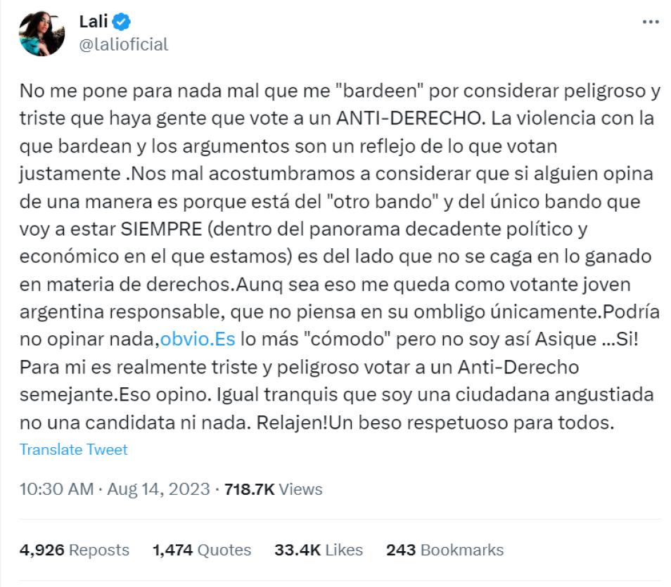 Lali Espósito contra Milei: Son un reflejo de lo que votan