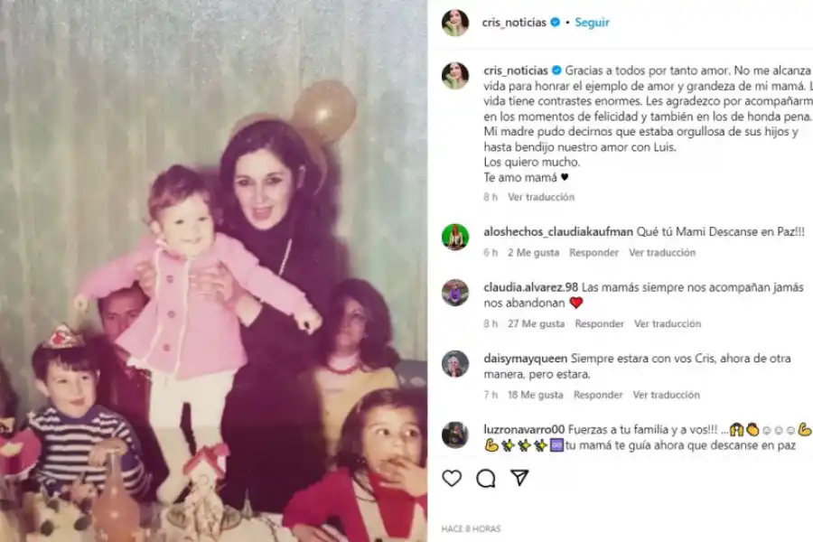 El posteo de Cristina Pérez tras la muerte de su madre.