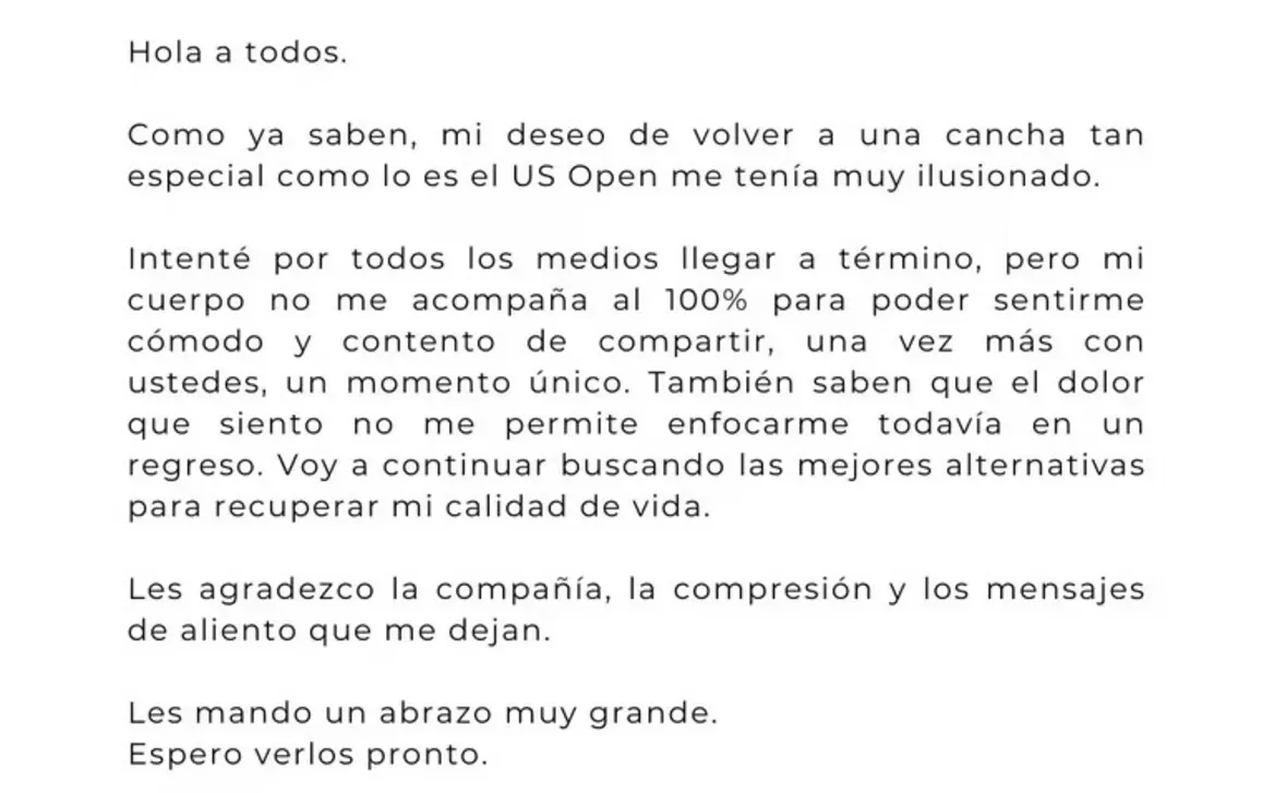 La carta con la que Juan Martín del Potro confirmó que no jugará el US Open