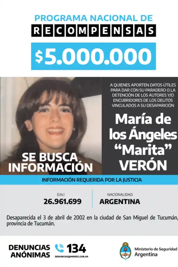El Gobierno nacional ofrece $5 millones por datos útiles sobre el paradero de Marita Verón
