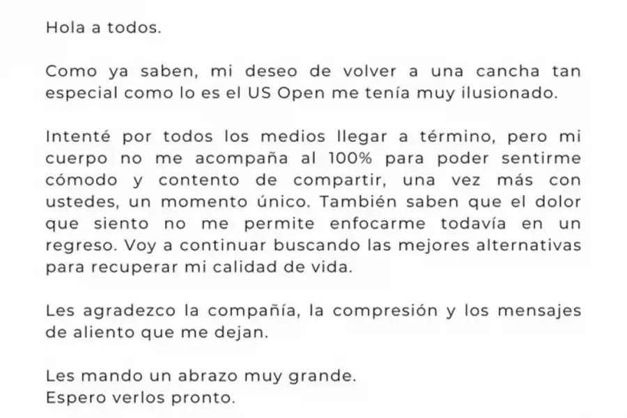 La carta con la que Juan Martín del Potro confirmó que no jugará el US Open