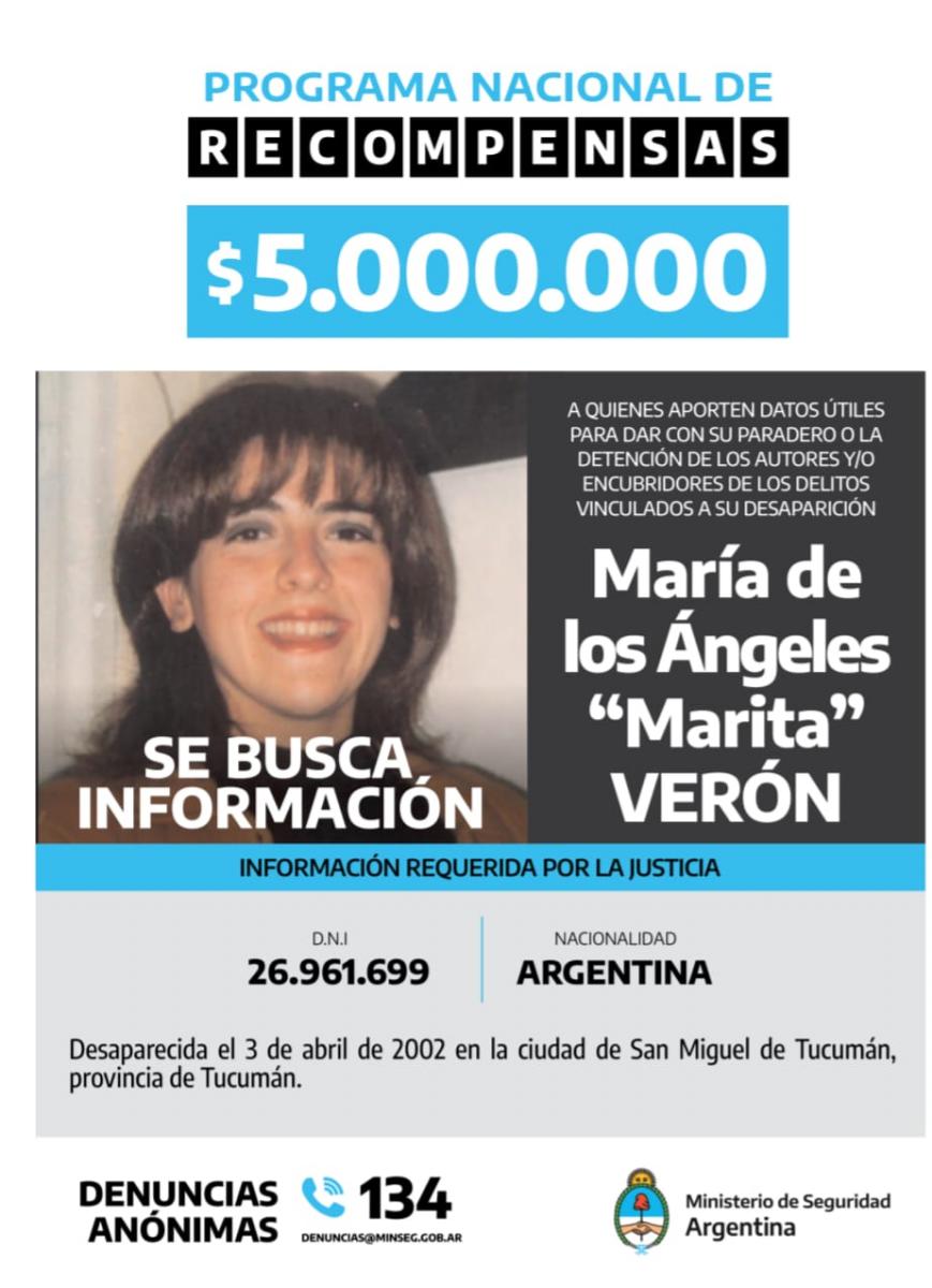 El Gobierno nacional ofrece $5 millones por datos útiles sobre el paradero de Marita Verón