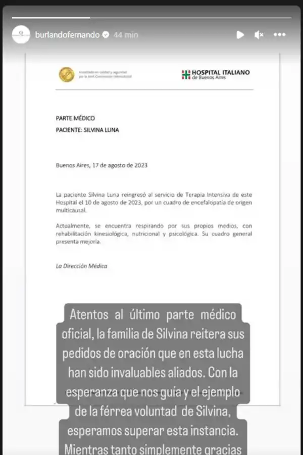 Se conoció un nuevo parte médico sobre la salud de Silvina Luna