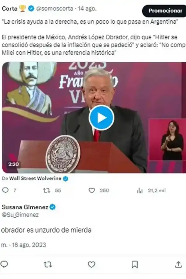 Con un insulto, Susana Giménez defendió a Javier Milei de las críticas del presidente mexicano: “Zurdo de m…”