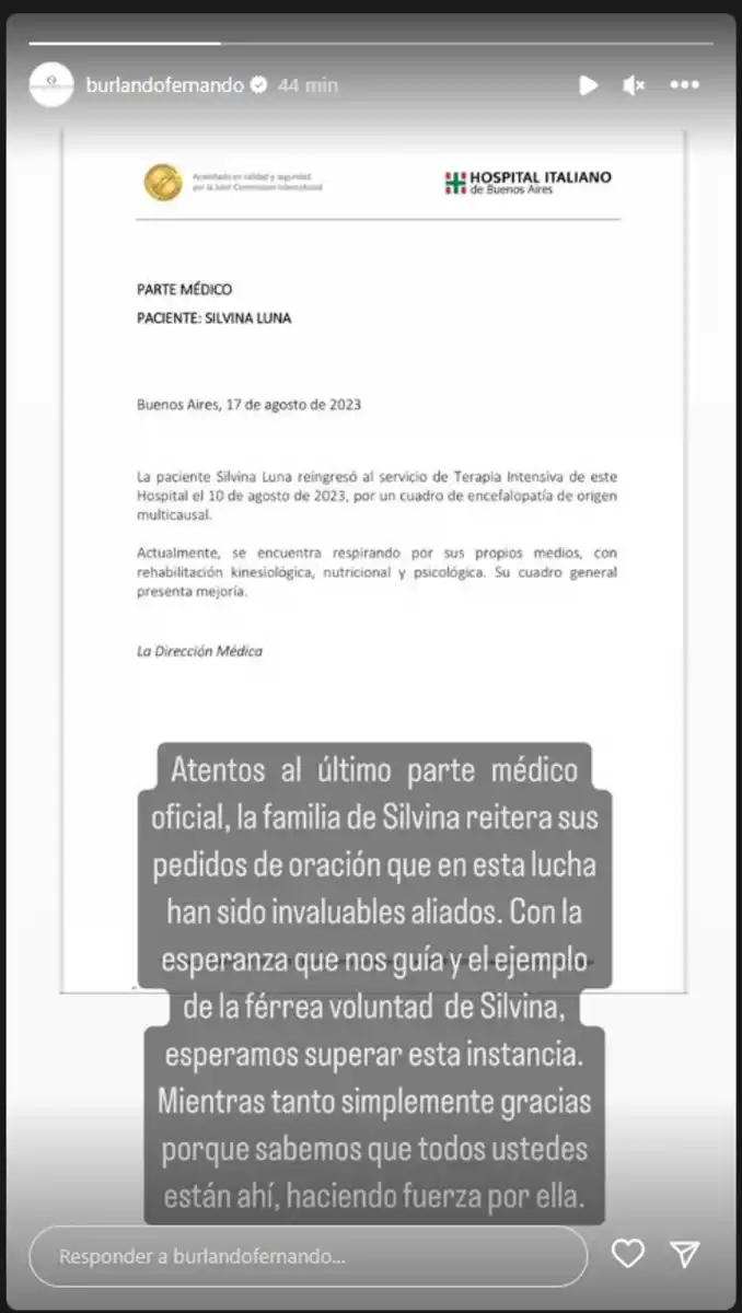 Se conoció un nuevo parte médico sobre la salud de Silvina Luna