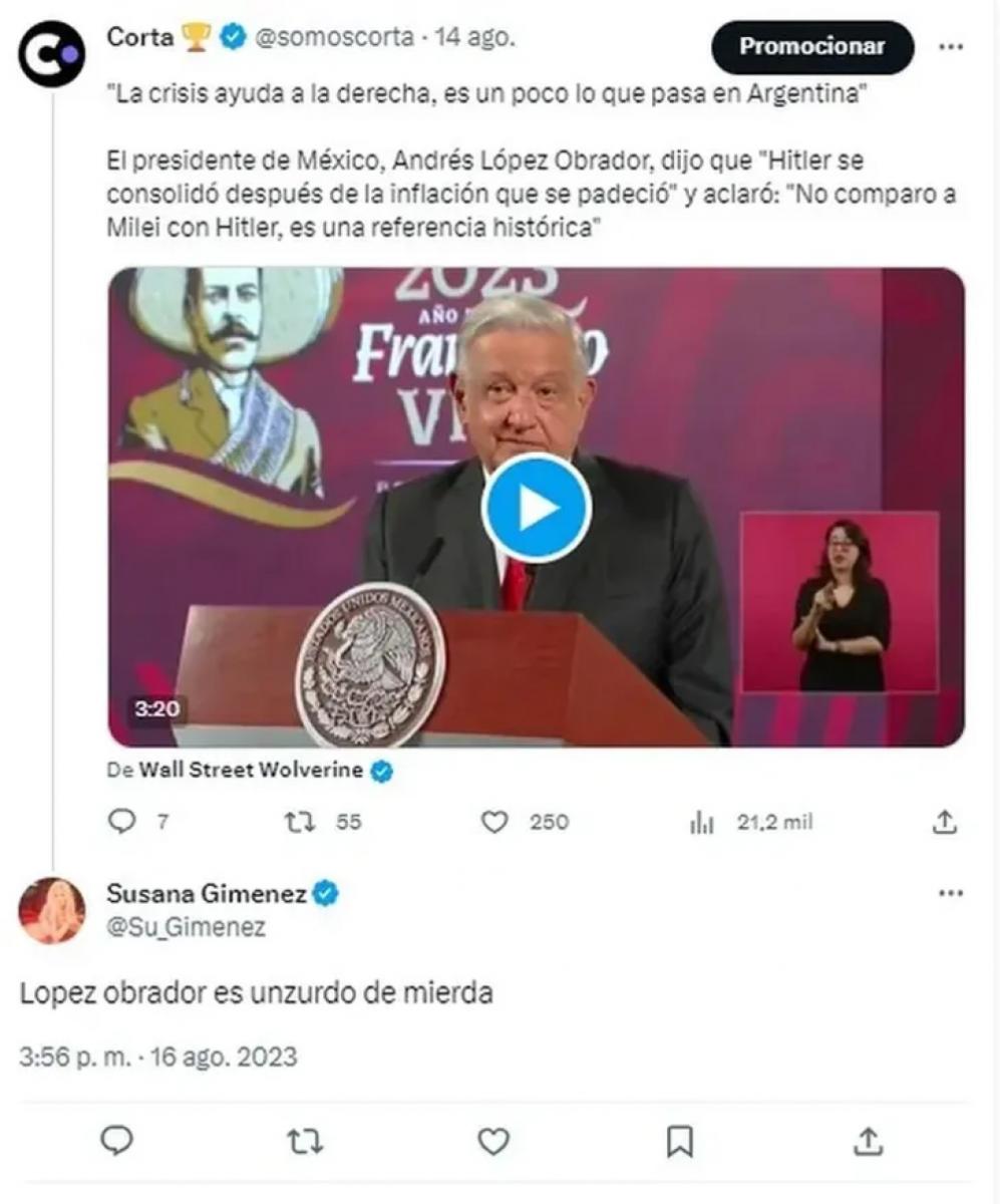 Con un insulto, Susana Giménez defendió a Javier Milei de las críticas del presidente mexicano: “Zurdo de m…”