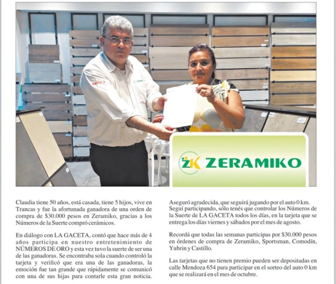 Números de la Suerte: Claudia Alejandra Vergara ganó una orden de compra de $30.000 en Zeramiko
