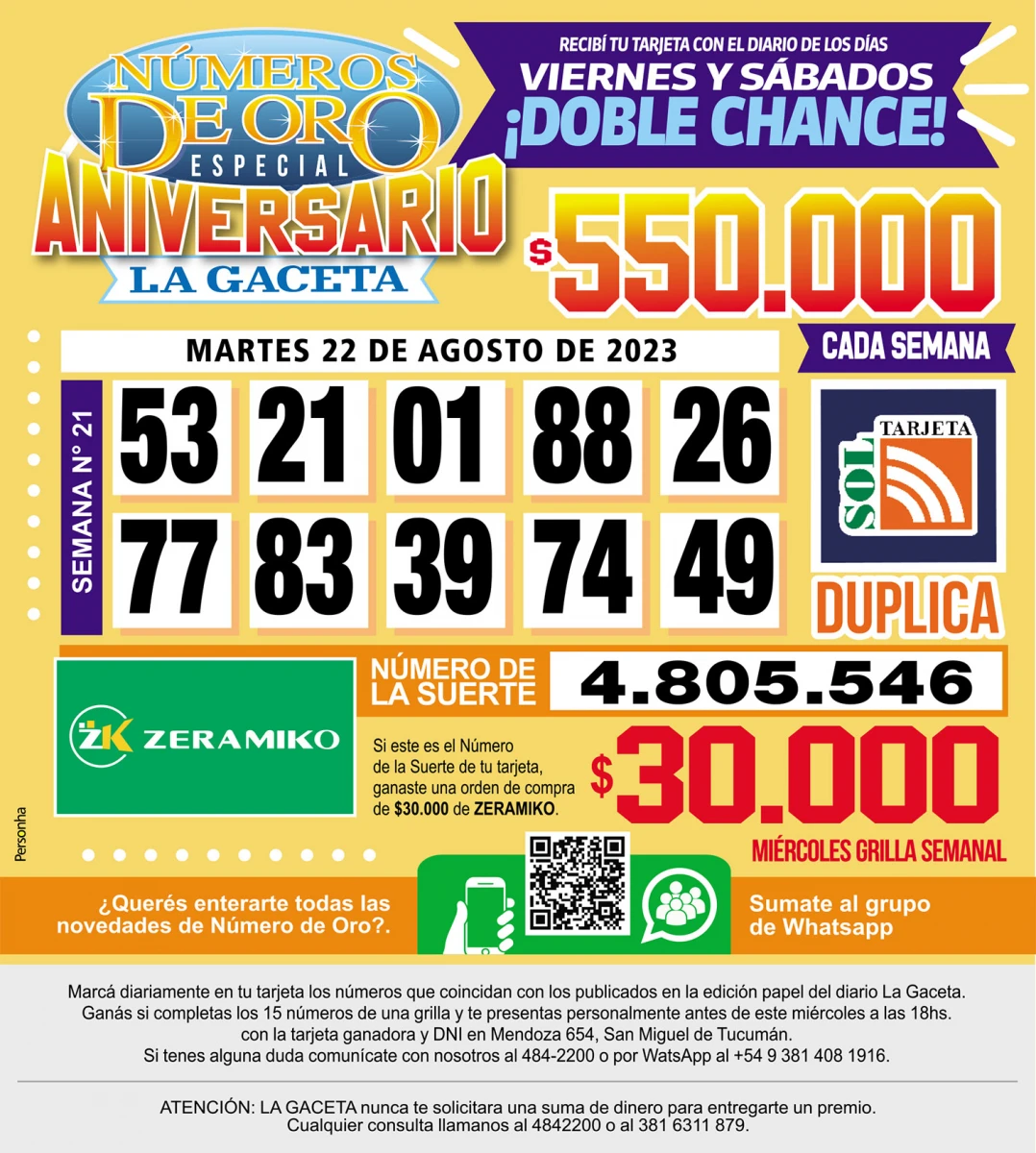 Los Números de Oro de LA GACETA del 22 de agosto de 2023
