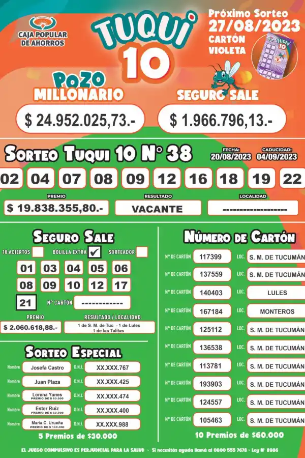 Tuqui 10: cartón del domingo 20 de agosto