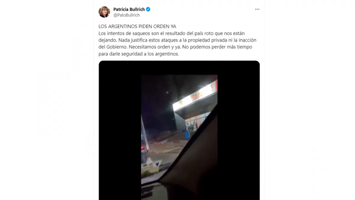 Patricia Bullrich opinó sobre los saqueos y lanzó un fuerte pedido al Gobierno