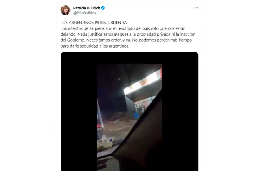 Patricia Bullrich opinó sobre los saqueos y lanzó un fuerte pedido al Gobierno