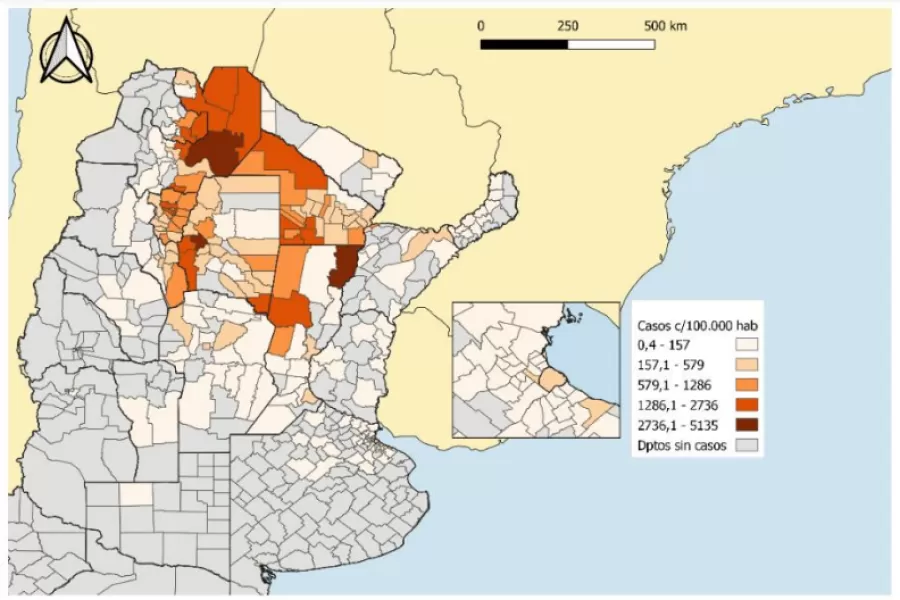 Tasas de dengue autóctono cada 100.000 habitantes según departamento de residencia