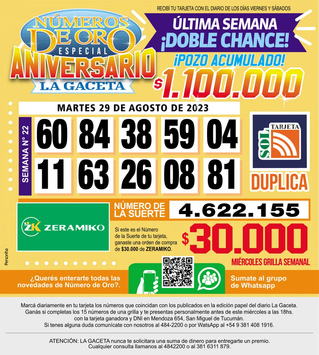 Los Números de Oro de LA GACETA del 29 de agosto de 2023