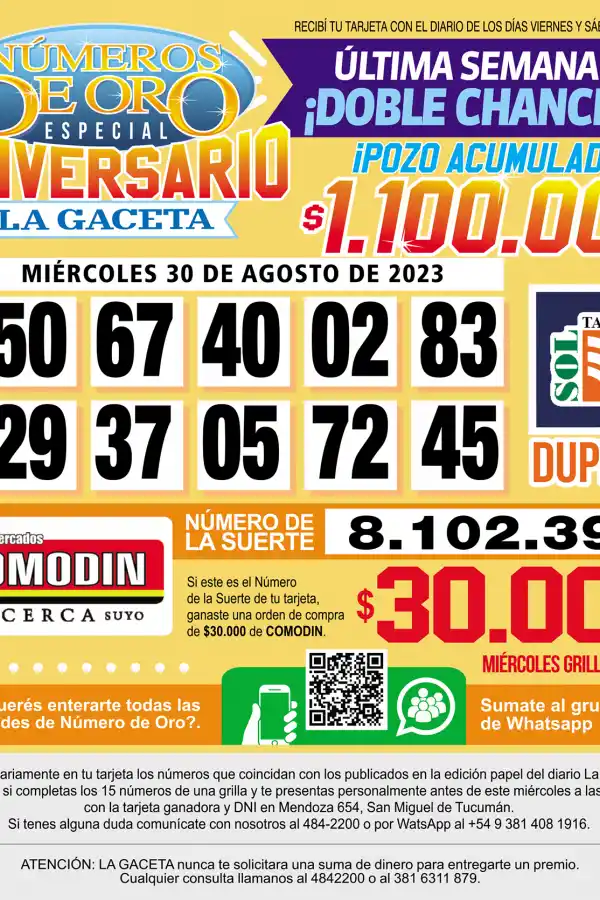 Los Números de Oro de LA GACETA del 30 de agosto de 2023