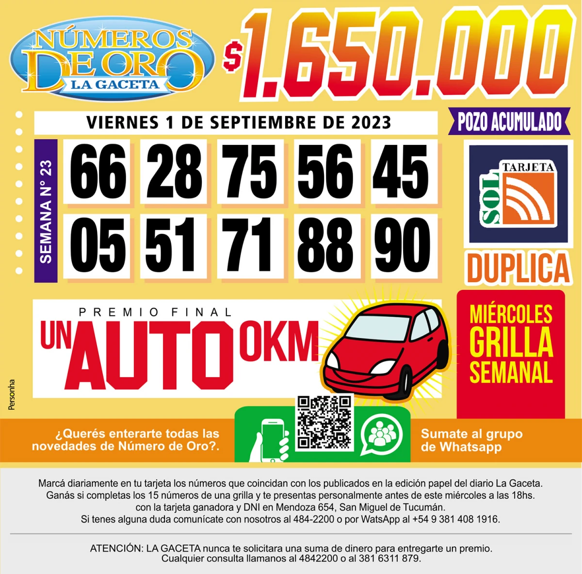 Los Números de Oro de LA GACETA del 1 de septiembre de 2023