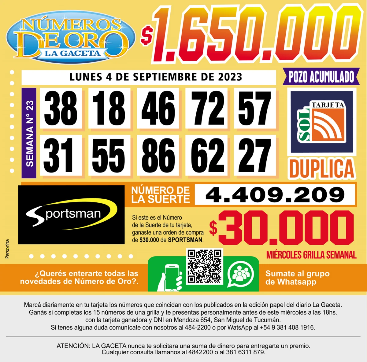 Los Números de Oro de LA GACETA del 4 de septiembre de 2023