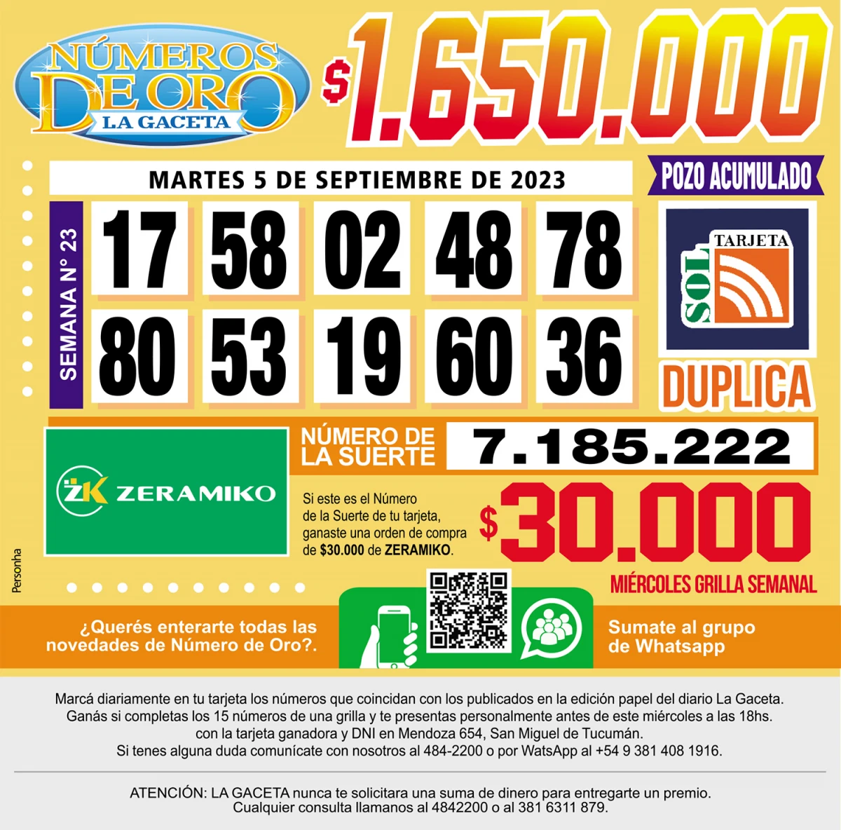 Los Números de Oro de LA GACETA del 5 de septiembre de 2023