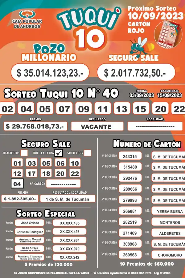 El próximo sorteo del Tuqui 10 será el domingo 10 de septiembre