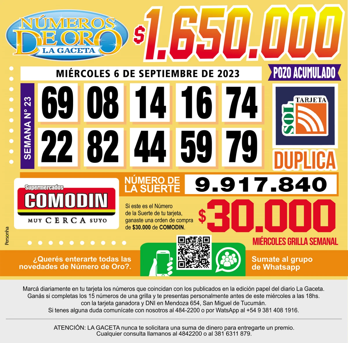 Los Números de Oro de LA GACETA del 6 de septiembre de 2023