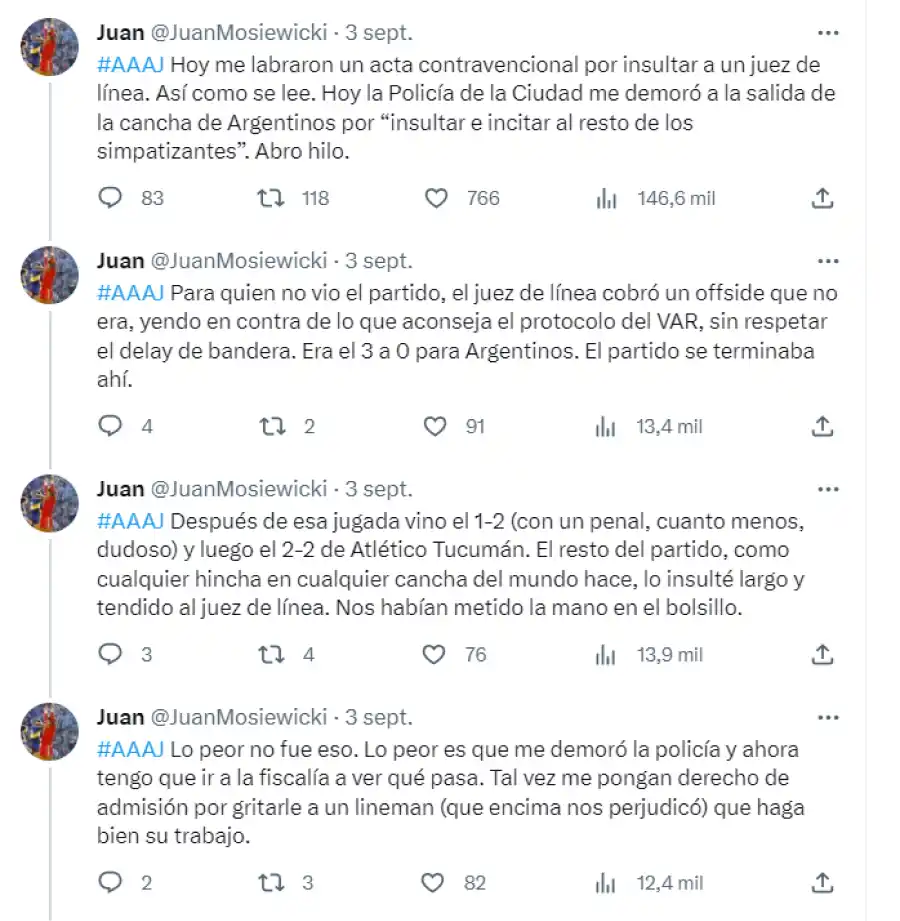 Un hincha de Argentinos aseguró que le labraron un acta por insultar al árbitro en el partido ante Atlético Tucumán