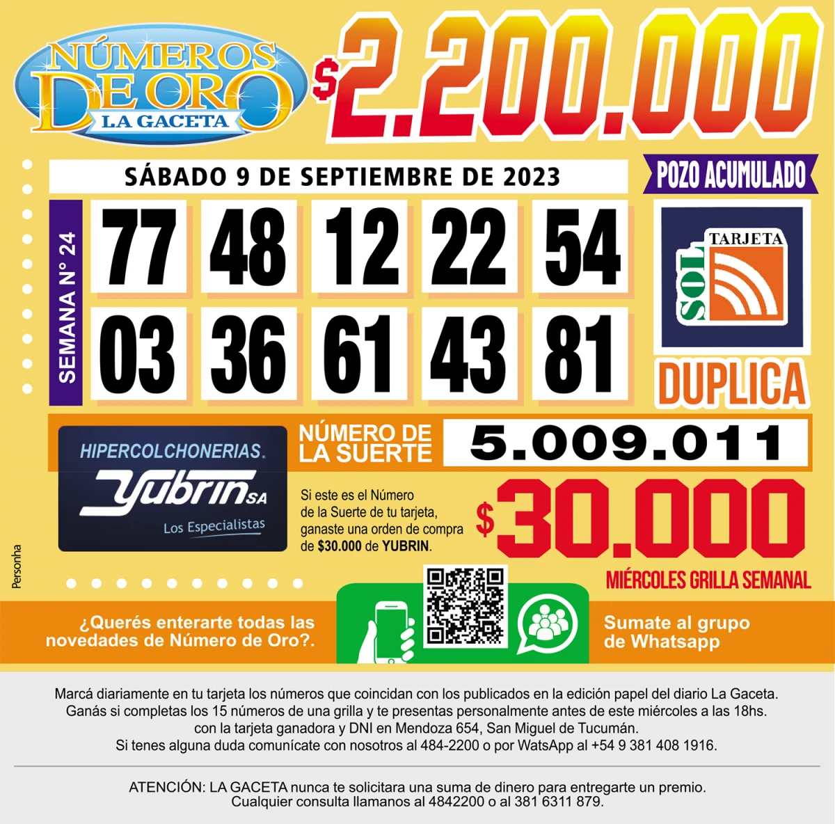 Los Números de Oro de LA GACETA del 9 de septiembre de 2023